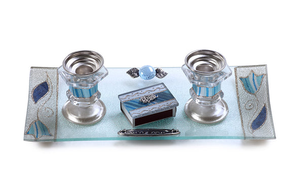 Crystal Candlesticks, Tray and Matchbox Holder Set - Blue