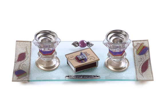 Crystal Candlesticks, Tray and Matchbox Holder Set - Purple
