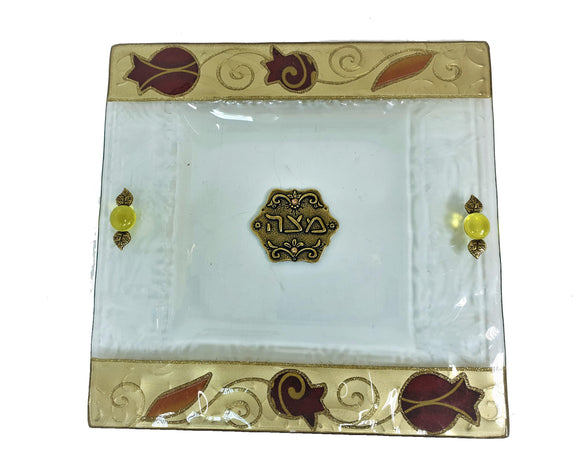 White Glass Decorated Matzah Plate 25 cm - Gold