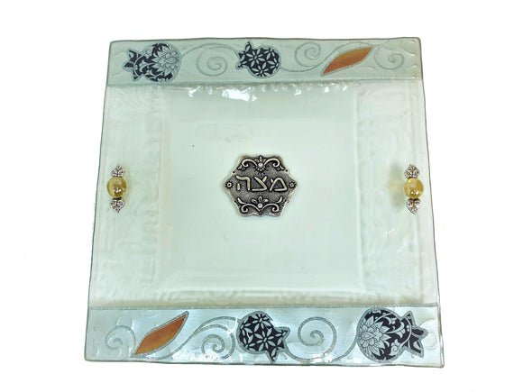 White Glass Decorated Matzah Plate 25 cm - Navy