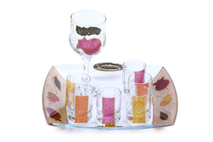 Glass Kiddush Set - Large Wine Goblet & Mini Glasses - Pink