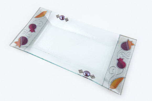 Decorated Rectangular Glass Pomegranate Tray - Purple