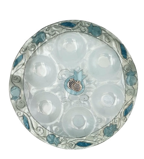 Glass Rosh Hashanah Plate with Pale Blue Pommegranates