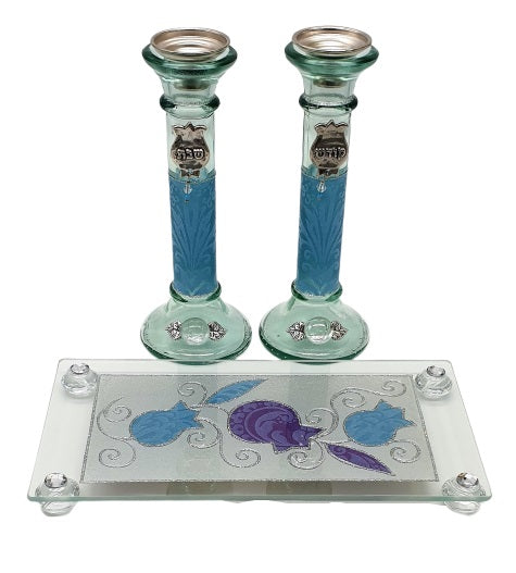 Glass Candlesticks Set with Raised Tray - Blue
