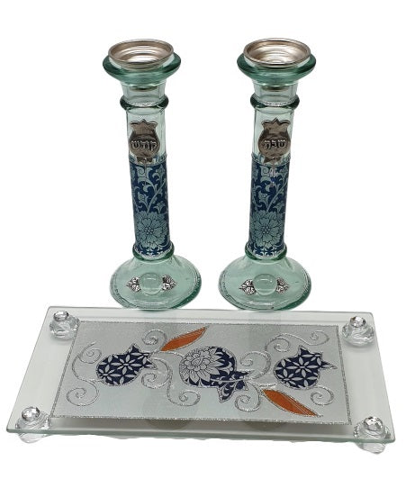 Glass Candlesticks Set with Raised Tray - Navy