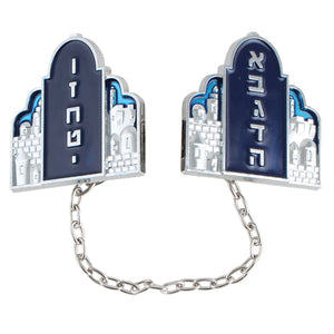 Nickel Tallit Clips "Luchot" 9cm with Chain Blue Enamel