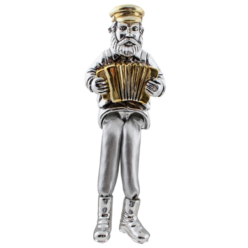 Silvered Polyresin Hassidic Figurine with Cloth Legs 16 cm - Accordion Player