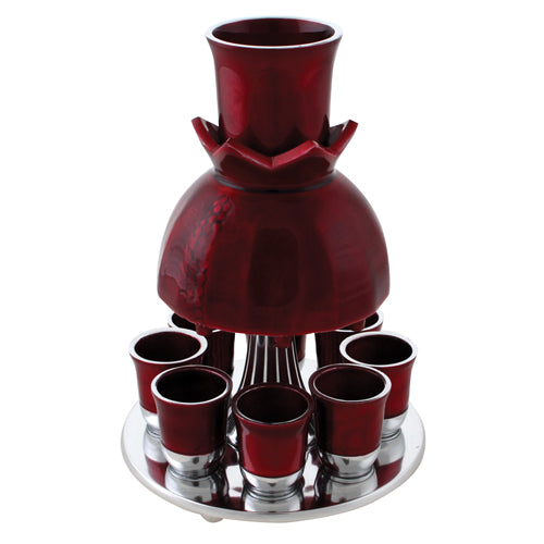 Aluminium Wine Divider with 8 Kiddush Cups 21cm- Pomegranate Motif in Burgundy