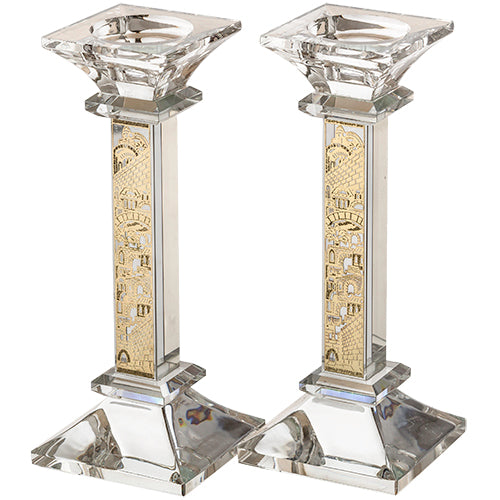 Pair Crystal Candlesticks 18 cm with Laser Cut Metal Plaque