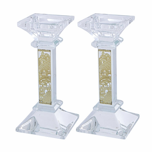 Pair Crystal Candlesticks 15 cm with Laser Cut Metal Plaque - Gold