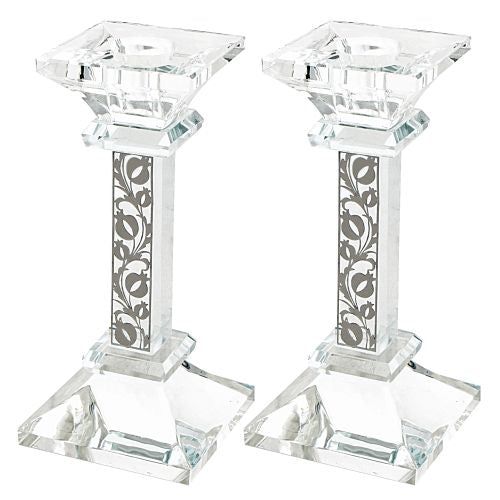 Crystal Candlesticks 15 cm with Laser Cut Metal Plaque- Pomegranate