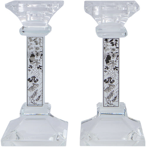 Pair Crystal Candlesticks 15 cm with Laser Cut Metal Plaque- Seven Species
