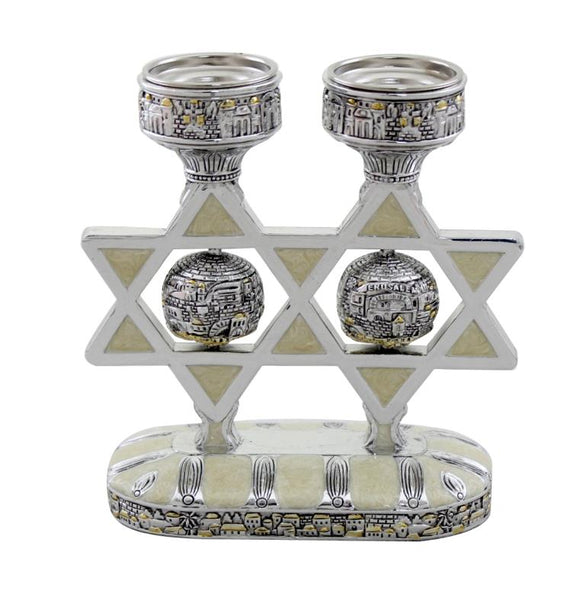 A Pair of Silver Polyresin Star of David Candlestick with Enamel 16 cm