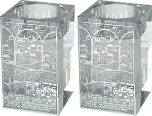 Square Crystal Candlesticks 8cm with Metal Plaque-"Jerusalem"