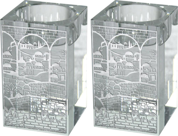 Square Crystal Candlesticks 8cm with Metal Plaque-