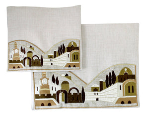 Set: Linen Talit and Tefillin Bags 29*36cm- with Embroidered Jerusalem Design