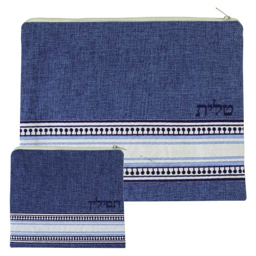 Linen Tallit & Tefillin Set 30X35 cm- Denim Color with Blue-Colored Embroidered Design