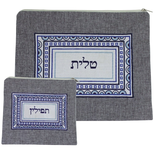 Linen Tallit and Tefillin Set 29X35 cm- Gray With Blue-Colored Embroidered Design