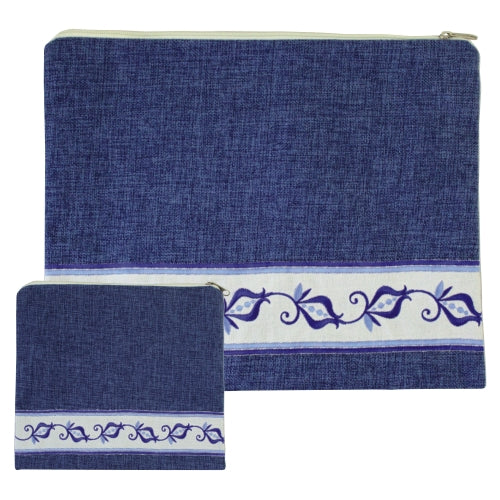 Linen Tallit and Tefillin Set 29X35 cm-Denim Color with Blue-Colored Pomegranates Embroidered Design