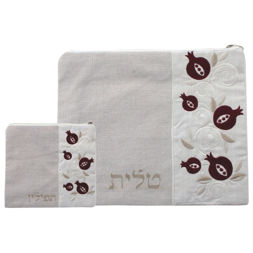 Linen Tallit & Tefillin Set 35*29 cm, Beige with Embroidered Design- Pomegranate