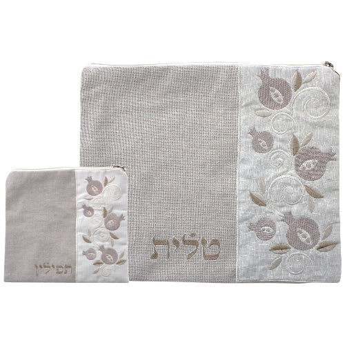 Set: Linen Talit and Tefillin Bags 36*29cm- Beige with Embroidery- Pomegranate Motif