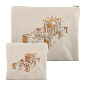 Linen Talit-Tefilin Set 29X35 cm- Beige with Gold "The Temple" Embroidered Design