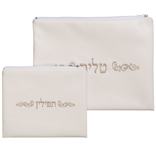 Leather Like Talit - Tefilin Set 36*29 cm, with Embroidery - Cream