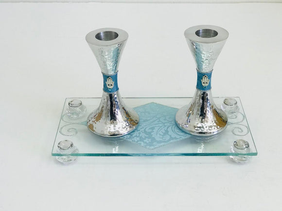 Silver-Plated Candlestick Set with Glass Raised Tray - Blue