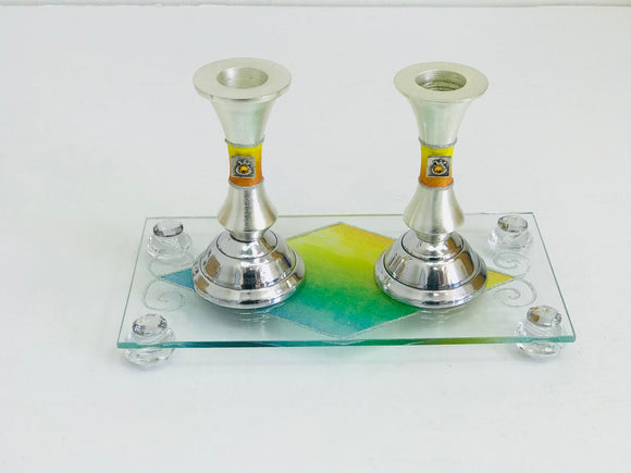 Silver-Plated Candlestick Set with Glass Raised Tray - Green