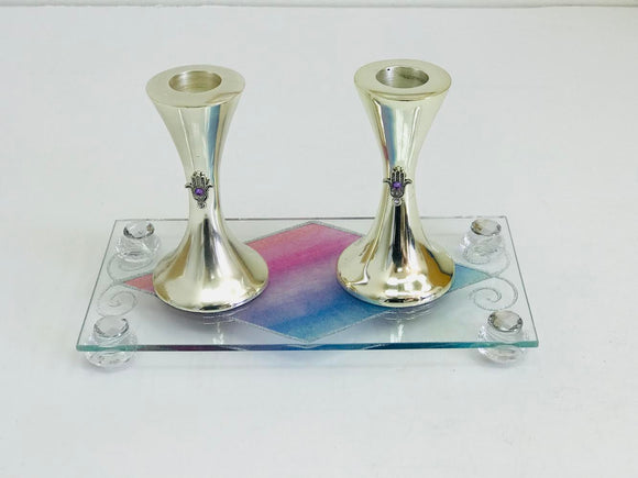 Silver-Plated Candlestick Set with Glass Raised Tray - Multicolored