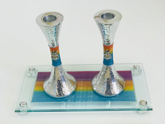 Silver-Plated Tall Candlestick Set with Glass Raised Tray - Multicolored
