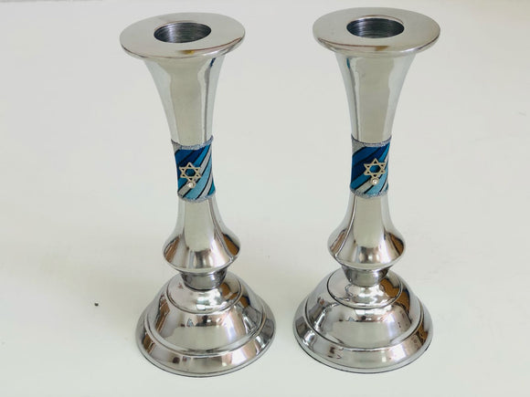 Silver-Plated Tall Rimmed Candlestick Set with Glass Raised Tray 16 cm