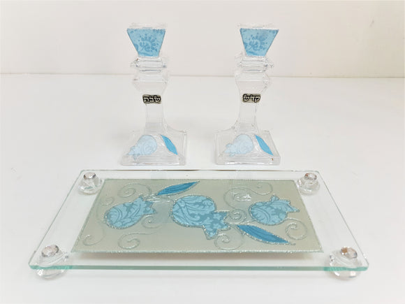 Crystal 18 cm Candlesticks Set with Tray - Blue Pomegranate