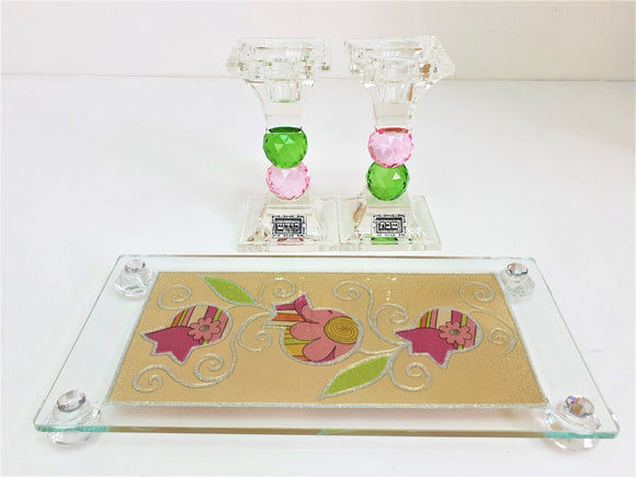 Crystal 16 cm Candlesticks Set with Tray - Pink Pomegranate
