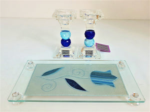 Crystal 16 cm Candlesticks Set with Tray - Blue Tulip
