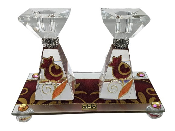 Crystal Pyramid Candlesticks Set with Matching Raised Tray - Brown