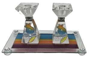 Crystal Pyramid Candlesticks Set with Matching Raised Tray - Multicolored