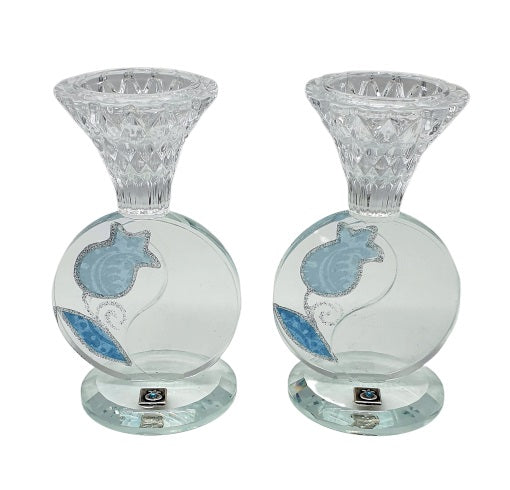 Round Stem Crystal Candlesticks with Pale Plue Pomegranate