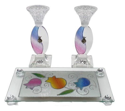 Oval Candlesticks Set with Decorated Tray - Blue & Pink