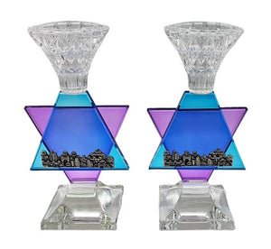 Crystal Star of David Candlesticks - Blue & Pink 16 cm