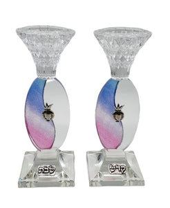 Oval Stem Crystal Candlesticks - Blue, Pink & White