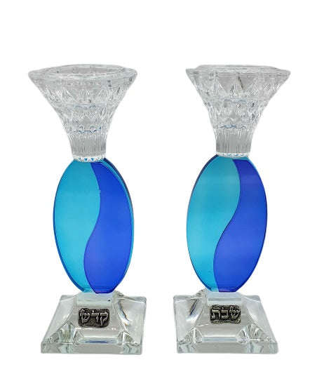 Oval Stem Crystal Candlesticks - Blue & Turquoise