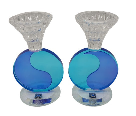 Round Stem Crystal Candlesticks - Blue & Turquoise