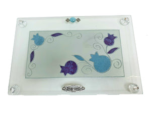 Rectangular "Shabbat" Challah Tray - Purple & Blue Pomegranates