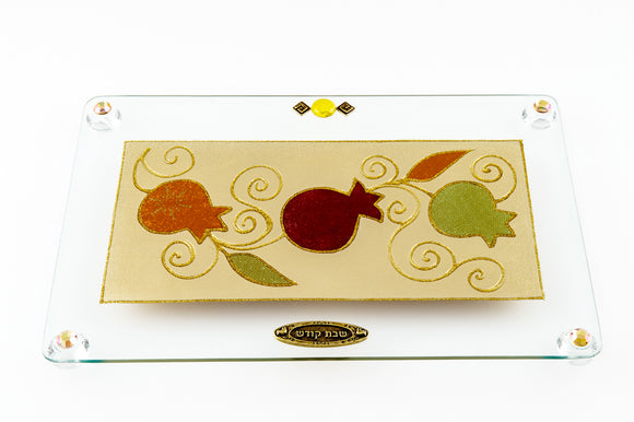 Glass Rectangular Red & Green Pomegranates Challah Tray