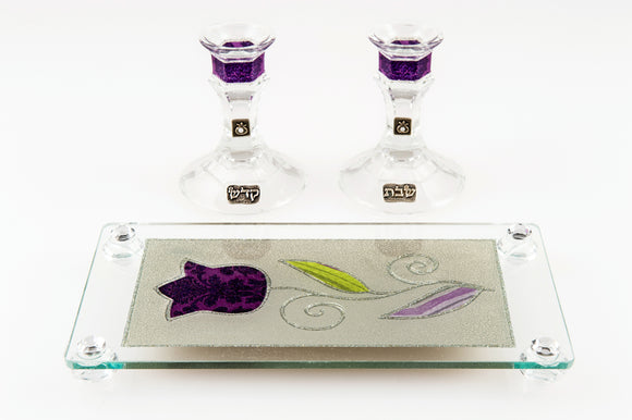 Short Crystal Candlesticks Set with Matching Tray - Purple Tulip