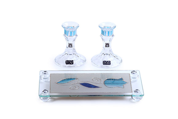 Short Crystal Candlesticks Set with Matching Tray - Blue Tulip
