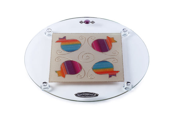 Round Raised Glass Challah Tray with Multicolored Pomegranates 36 cm