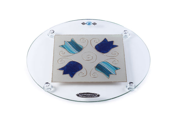 Round Raised Glass Challah Tray with Blue Tulips 36 cm