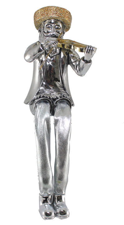Silvered Polyresin Hassidic Figurine with Cloth Legs 19 cm- Fiddle Player